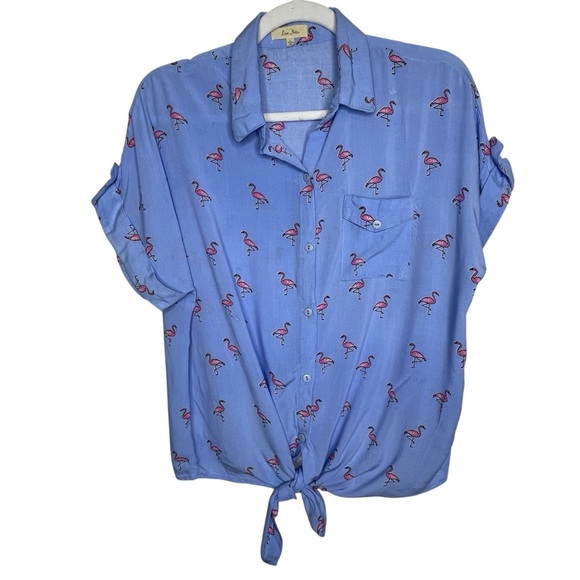 Love Notes Pink Flamingo  Blue Women's Blouse SZ L Boho Vacation Summer - Picture 1 of 12